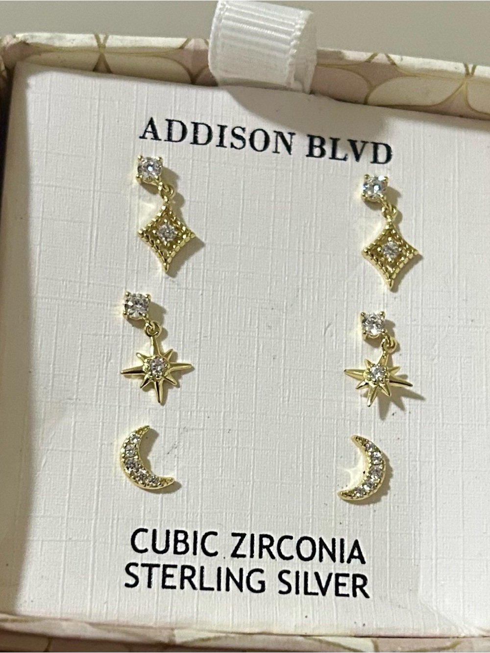 Gold Cubic Zirconia Moon, Star & Diamond Drop Earrings